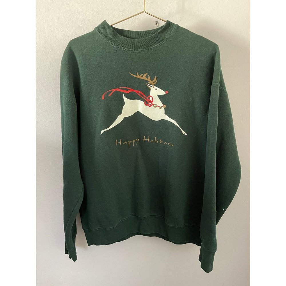 Vintage Women's Green Happy Holidays Reindeer Pullover Sweatshirt Large